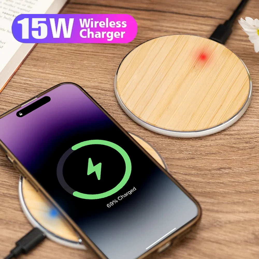 Bamboo Wood Wireless Charger Pad, 15W Fast Charger