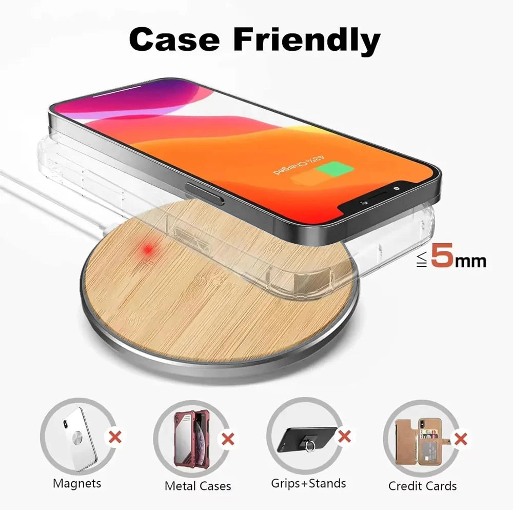 Bamboo Wood Wireless Charger Pad, 15W Fast Charger