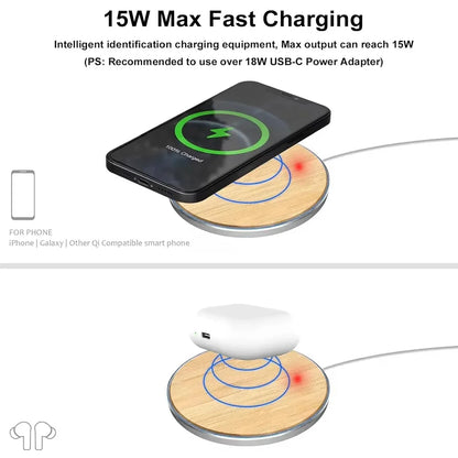 Bamboo Wood Wireless Charger Pad, 15W Fast Charger